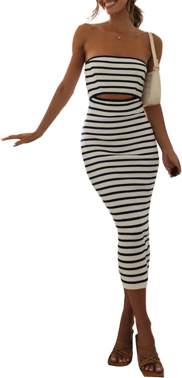 Women Summer Strapless Knitted Tube Dress Off Shoulder Striped Cutout Long Dress Bodycon Backless Beach Sundress