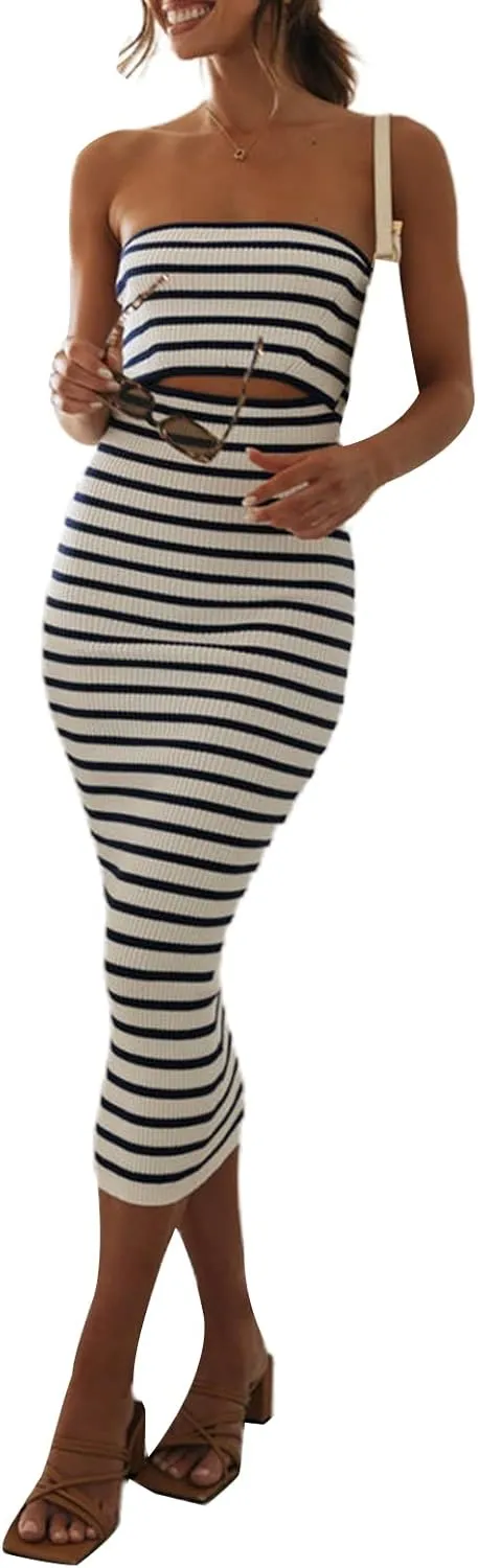 Women Summer Strapless Knitted Tube Dress Off Shoulder Striped Cutout Long Dress Bodycon Backless Beach Sundress