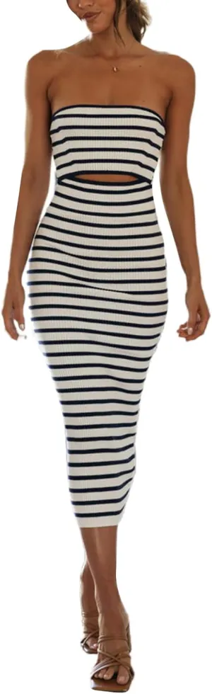 Women Summer Strapless Knitted Tube Dress Off Shoulder Striped Cutout Long Dress Bodycon Backless Beach Sundress