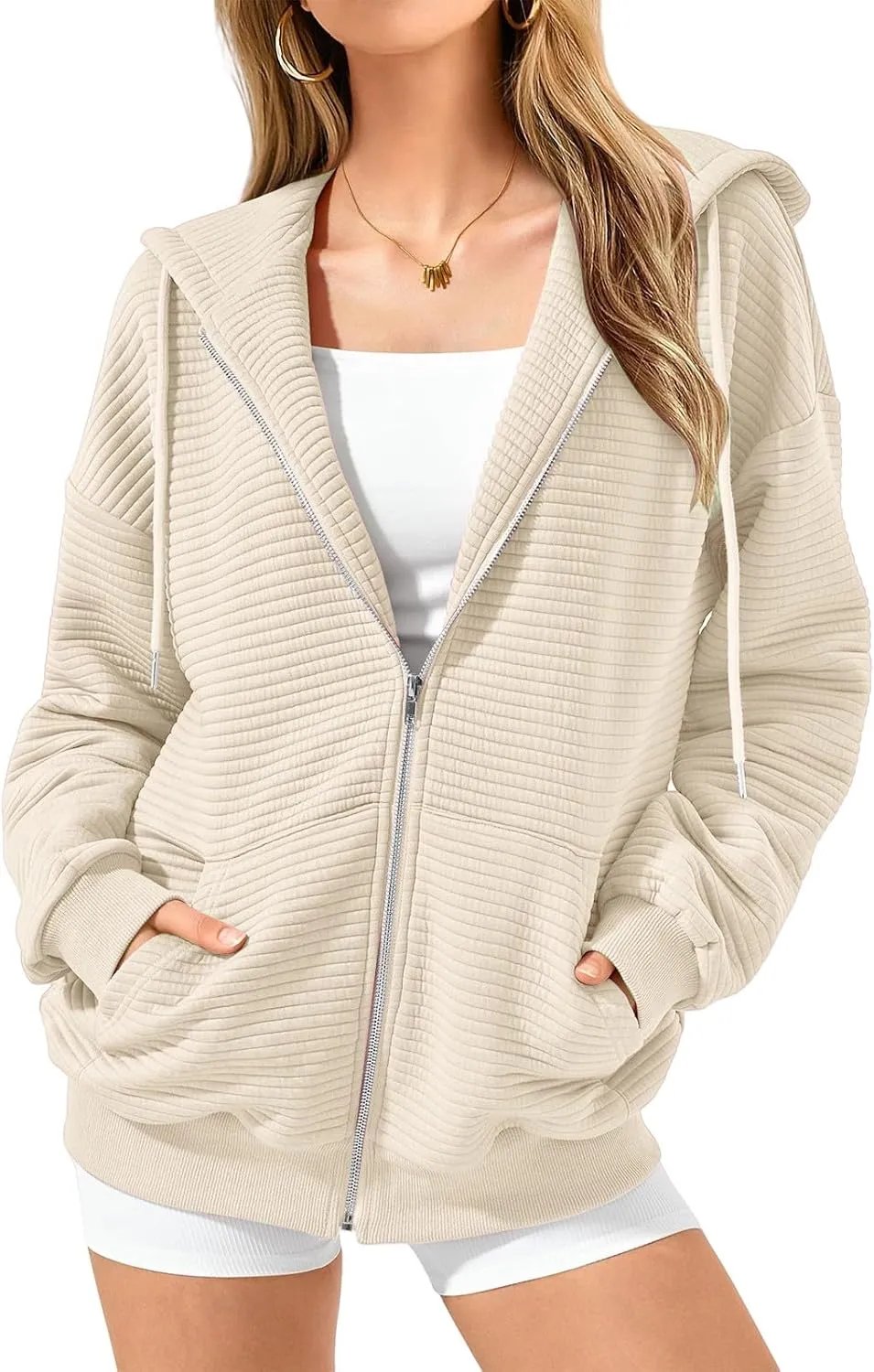Women Zip Up Hoodie Long Sleeve Hooded Oversized Sweatshirts Y2K Jacket with Pockets Casual Drawstring Fall Coat