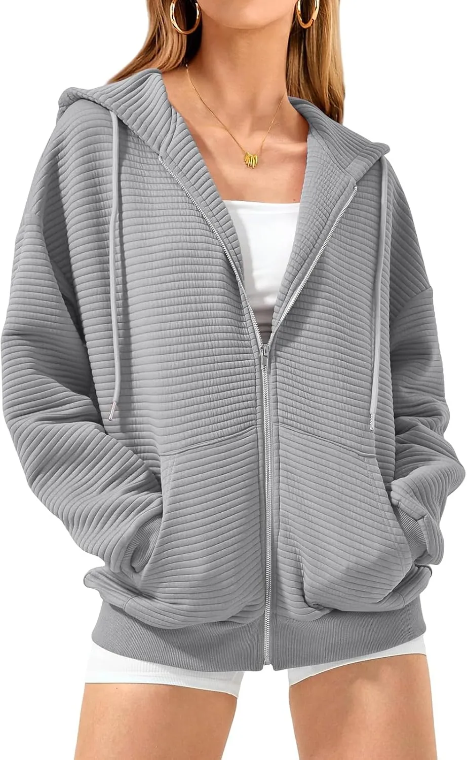 Women Zip Up Hoodie Long Sleeve Hooded Oversized Sweatshirts Y2K Jacket with Pockets Casual Drawstring Fall Coat