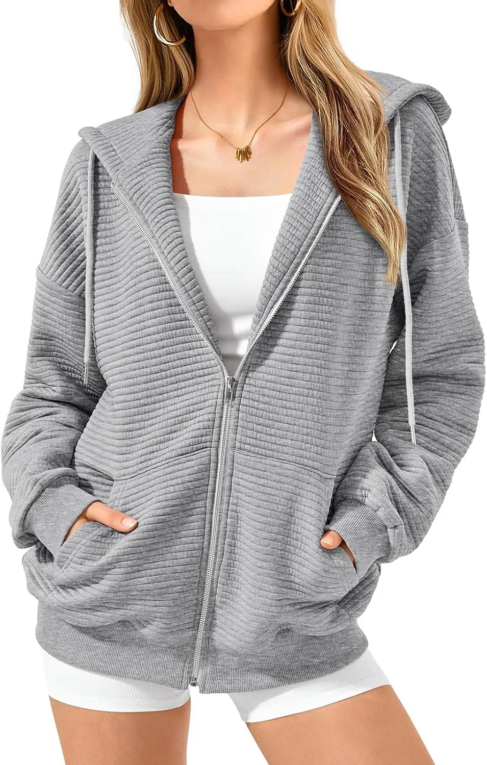 Women Zip Up Hoodie Long Sleeve Hooded Oversized Sweatshirts Y2K Jacket with Pockets Casual Drawstring Fall Coat