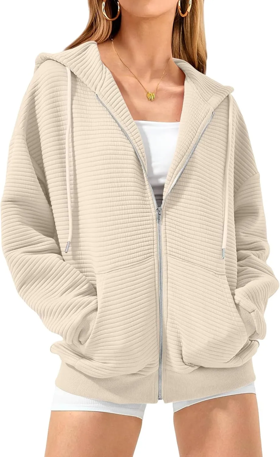 Women Zip Up Hoodie Long Sleeve Hooded Oversized Sweatshirts Y2K Jacket with Pockets Casual Drawstring Fall Coat