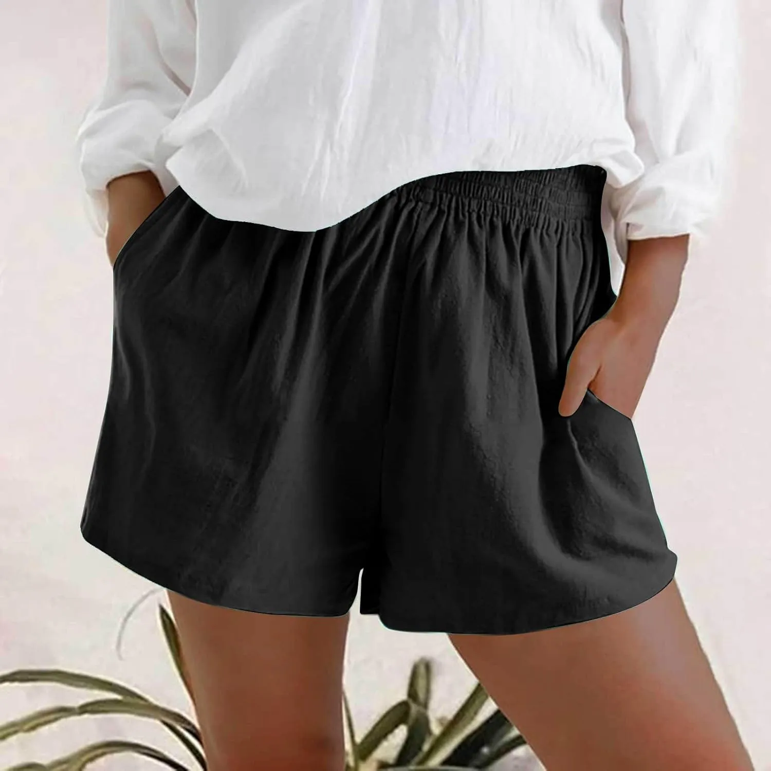 Womens Bermuda Shorts Summer Breathable Elastic Waist Work Trouser Lightweight Linen Blend Vacation Outfits