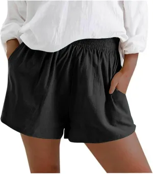 Womens Bermuda Shorts Summer Breathable Elastic Waist Work Trouser Lightweight Linen Blend Vacation Outfits