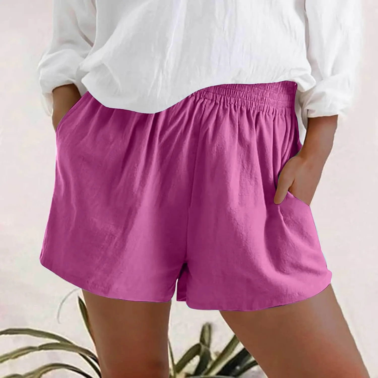 Womens Bermuda Shorts Summer Breathable Elastic Waist Work Trouser Lightweight Linen Blend Vacation Outfits