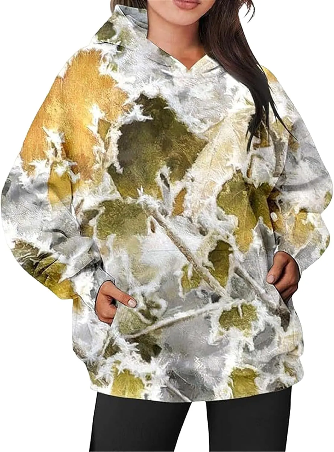 Womens Camo Hoodies Maple Leaf Print Oversized Hooded Sweatshirt Fleece Pullover Hoodies Y2K Sweatshirt with Pockets