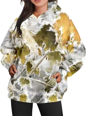 Womens Camo Hoodies Maple Leaf Print Oversized Hooded Sweatshirt Fleece Pullover Hoodies Y2K Sweatshirt with Pockets