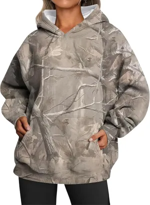 Womens Camo Hoodies Maple Leaf Print Oversized Hooded Sweatshirt Fleece Pullover Hoodies Y2K Sweatshirt with Pockets