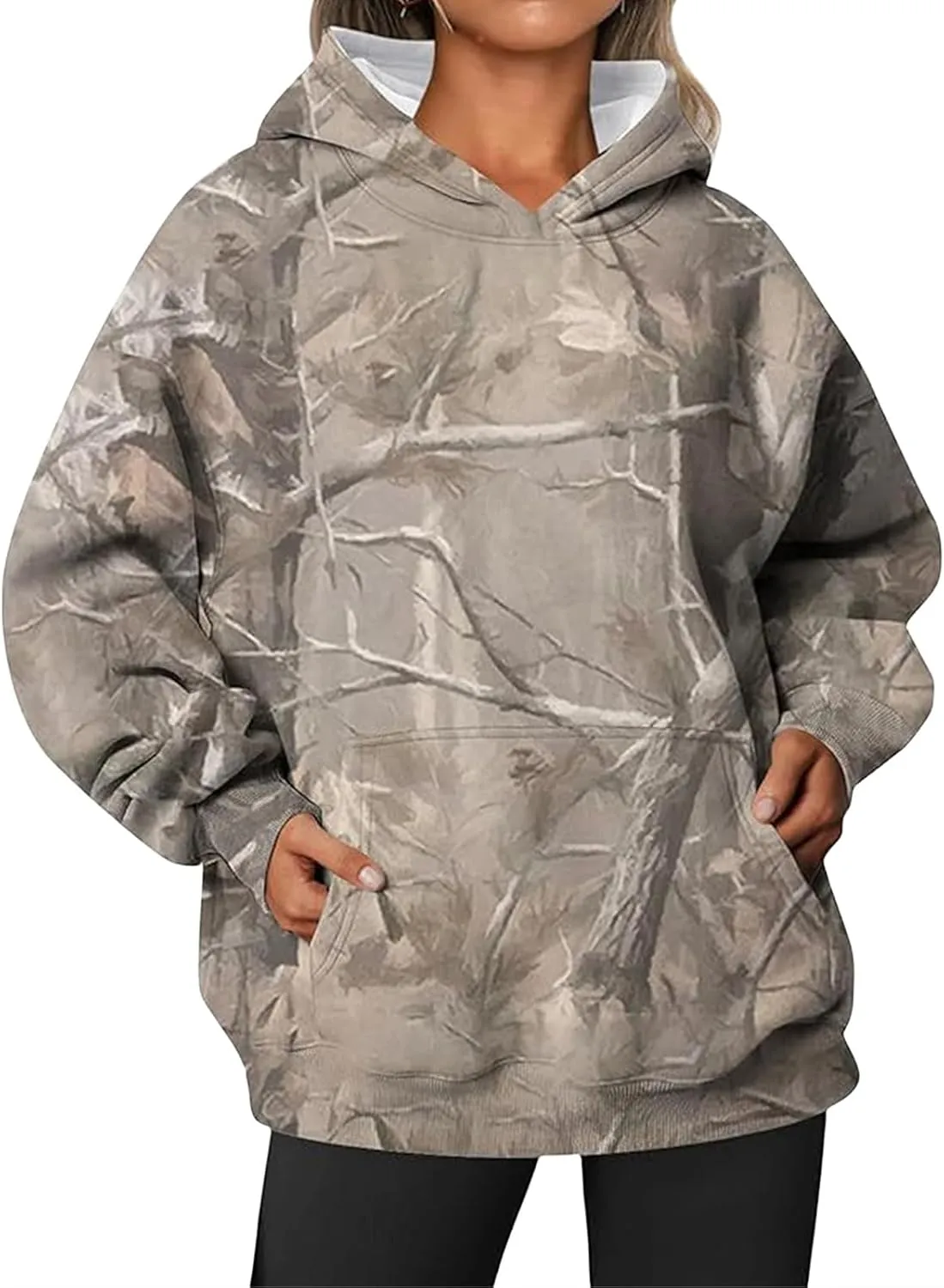 Womens Camo Hoodies Maple Leaf Print Oversized Hooded Sweatshirt Fleece Pullover Hoodies Y2K Sweatshirt with Pockets