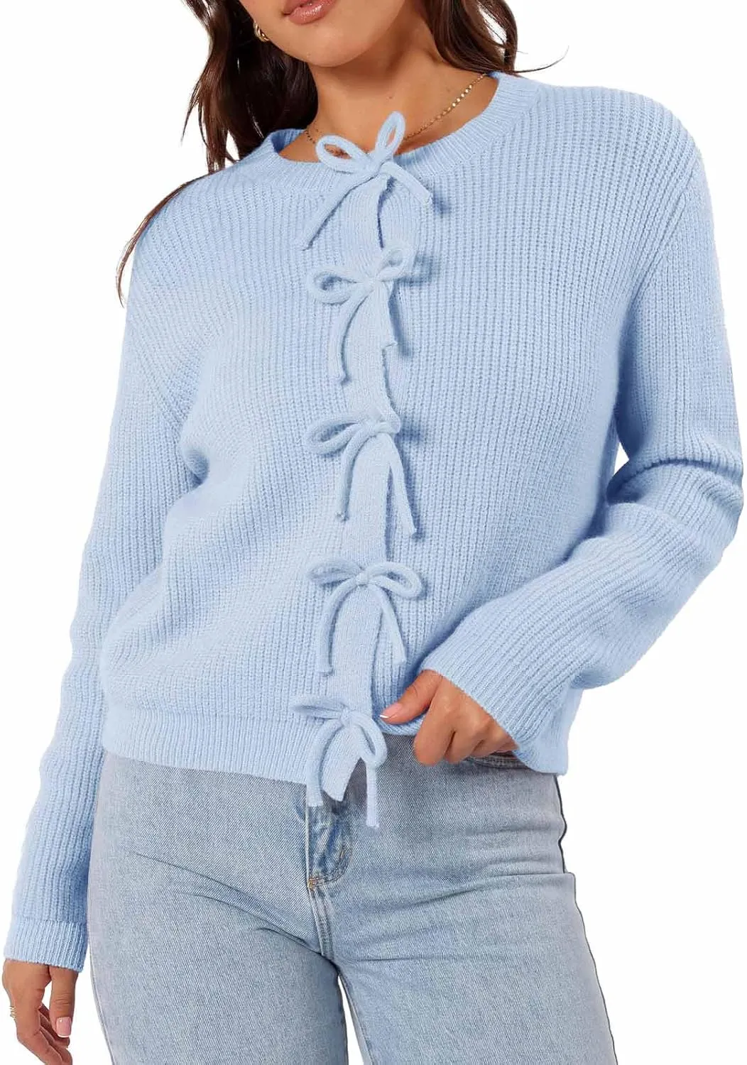 Women's Cardigan Sweaters Bow Button Down Cardigans Fall Fashion Clothes Knit Tie Open Front Coats