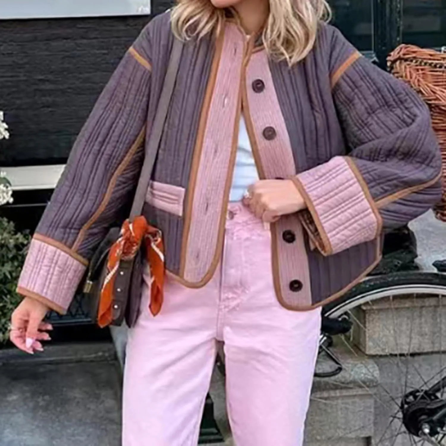 Womens Casual Quilted Jacket Winter Lightweight Color Block Padded Coat Y2k Long Sleeve Cropped Cotton Jackets