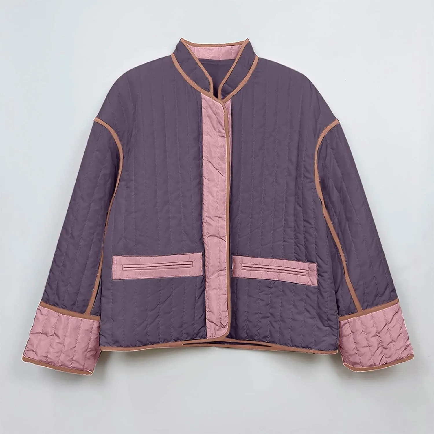 Womens Casual Quilted Jacket Winter Lightweight Color Block Padded Coat Y2k Long Sleeve Cropped Cotton Jackets