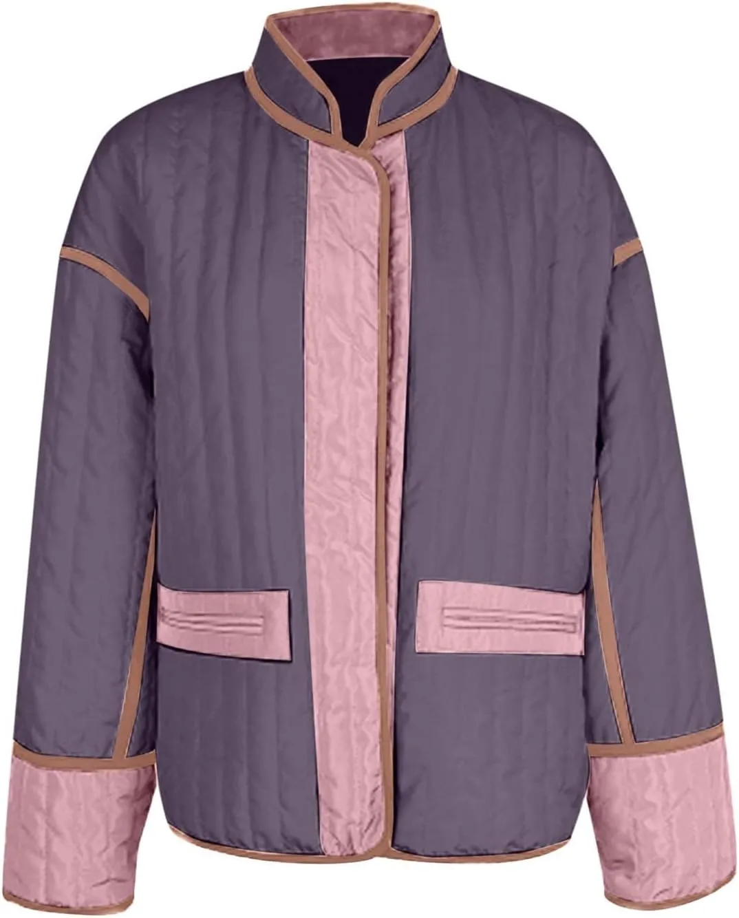 Womens Casual Quilted Jacket Winter Lightweight Color Block Padded Coat Y2k Long Sleeve Cropped Cotton Jackets