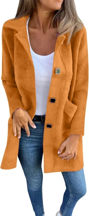 Womens Coats Long Sleeve Lapel Winter Coat for Women 2024 Pea Coat Fall Casual Coats Jacket Outerwear with Pockets