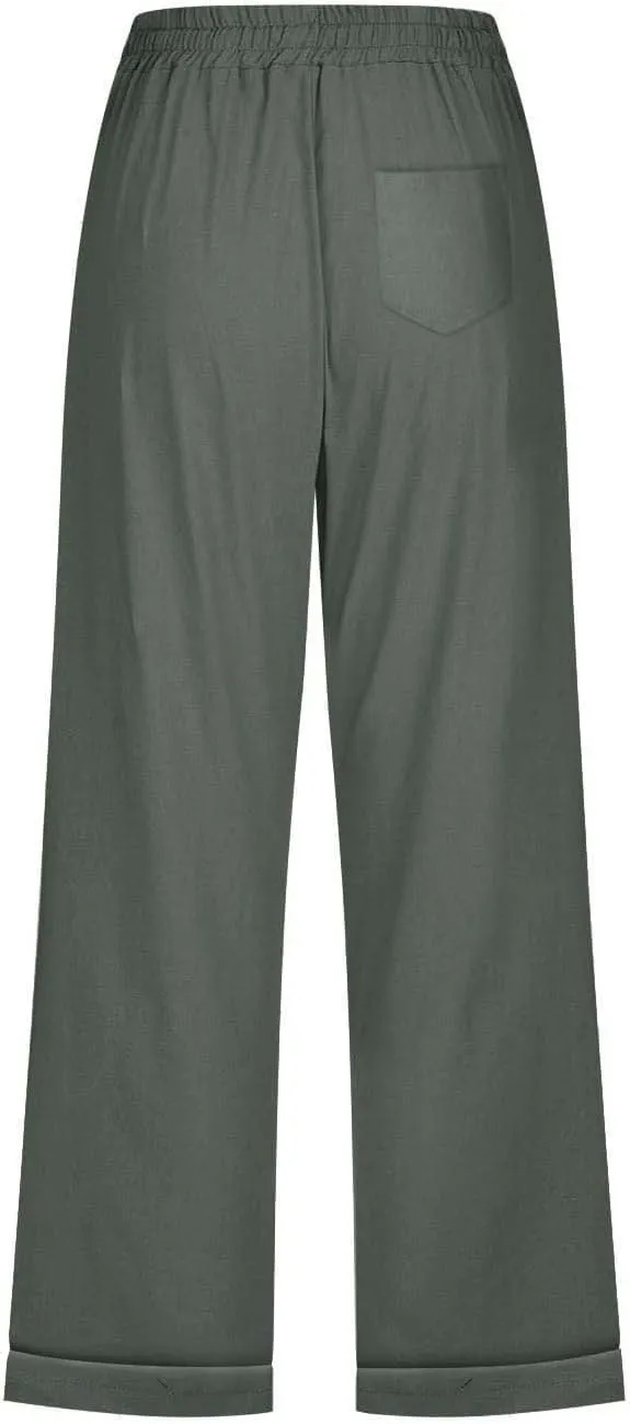 Women's Cotton Linen Straight Capris Summer Drawstrings High Waist Lounge Trousers Comfy Breathable Casual Pants with Pockets