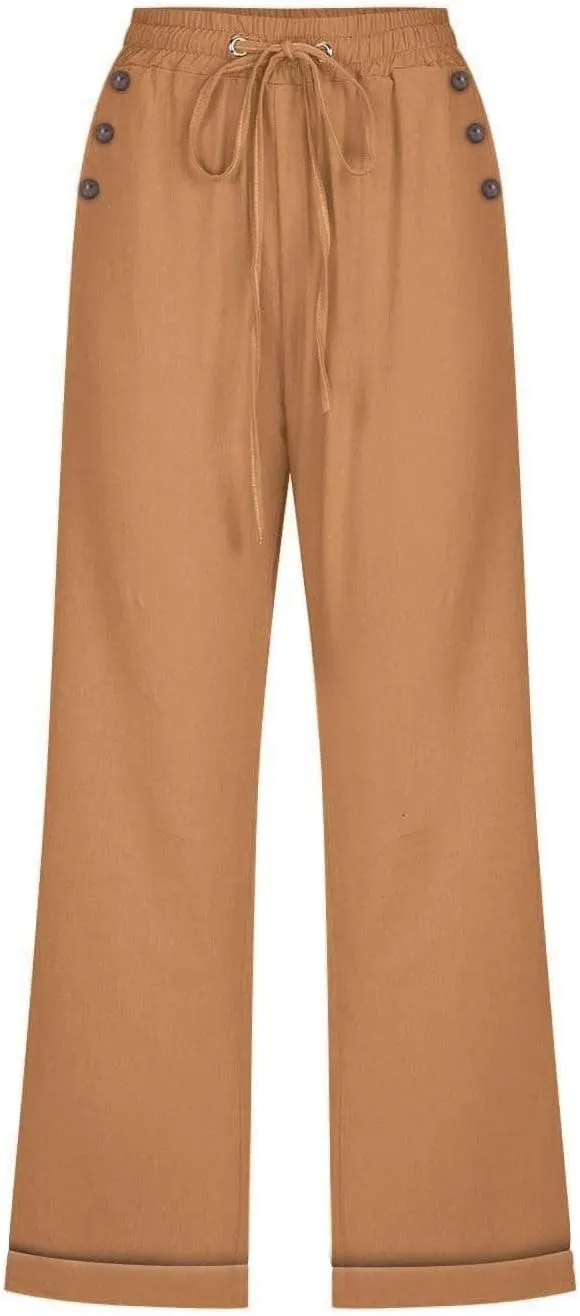 Women's Cotton Linen Straight Capris Summer Drawstrings High Waist Lounge Trousers Comfy Breathable Casual Pants with Pockets