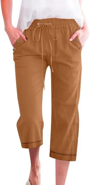 Women's Cotton Linen Straight Capris Summer Drawstrings High Waist Lounge Trousers Comfy Breathable Casual Pants with Pockets