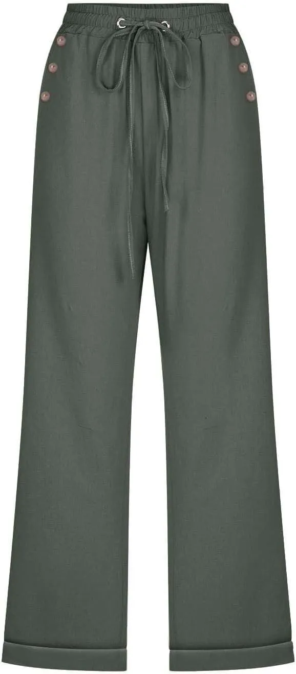 Women's Cotton Linen Straight Capris Summer Drawstrings High Waist Lounge Trousers Comfy Breathable Casual Pants with Pockets