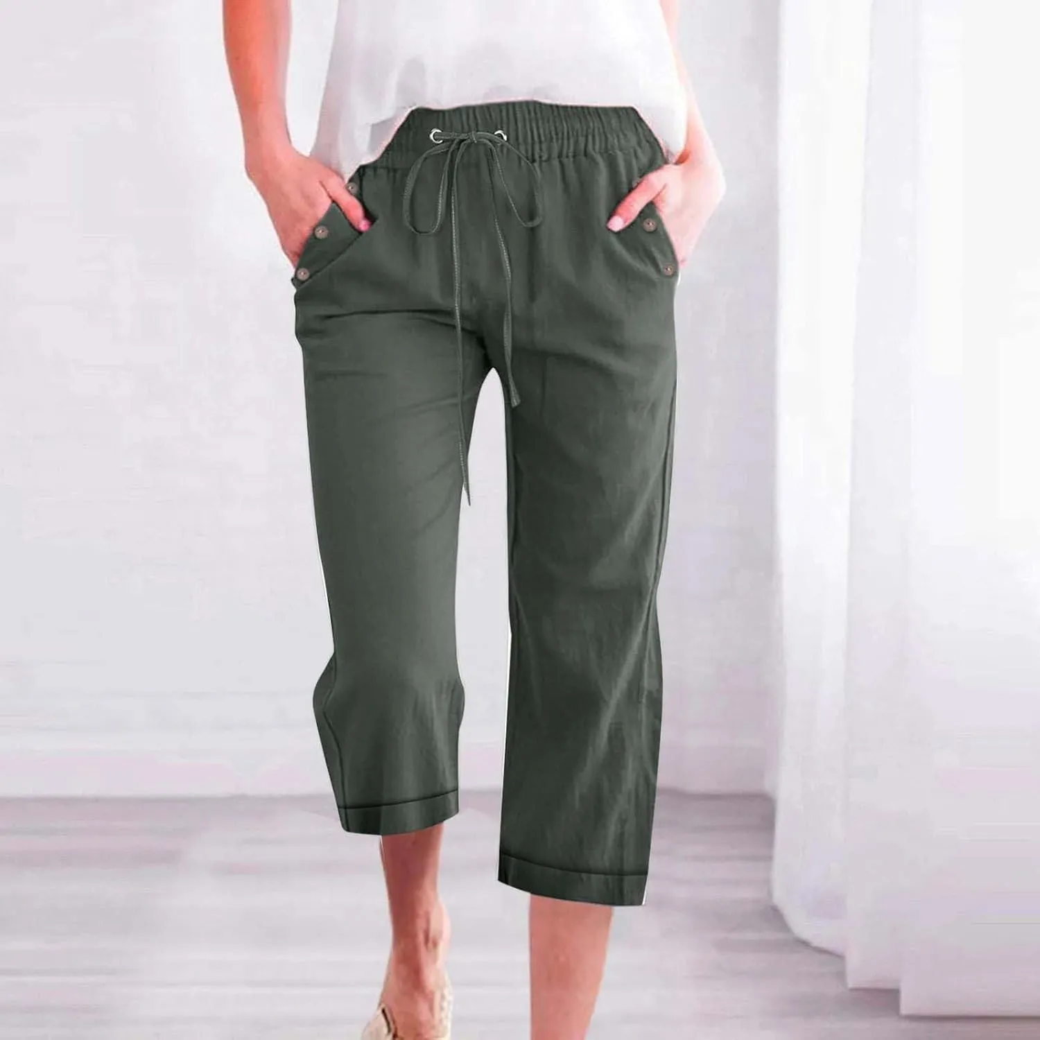 Women's Cotton Linen Straight Capris Summer Drawstrings High Waist Lounge Trousers Comfy Breathable Casual Pants with Pockets