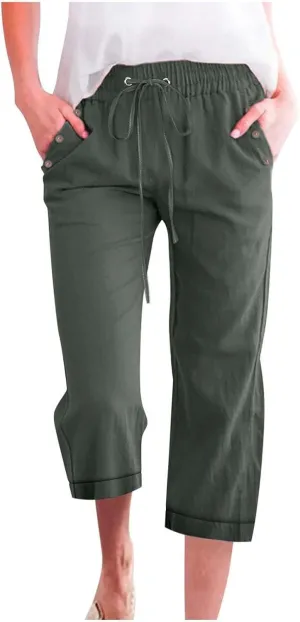 Women's Cotton Linen Straight Capris Summer Drawstrings High Waist Lounge Trousers Comfy Breathable Casual Pants with Pockets