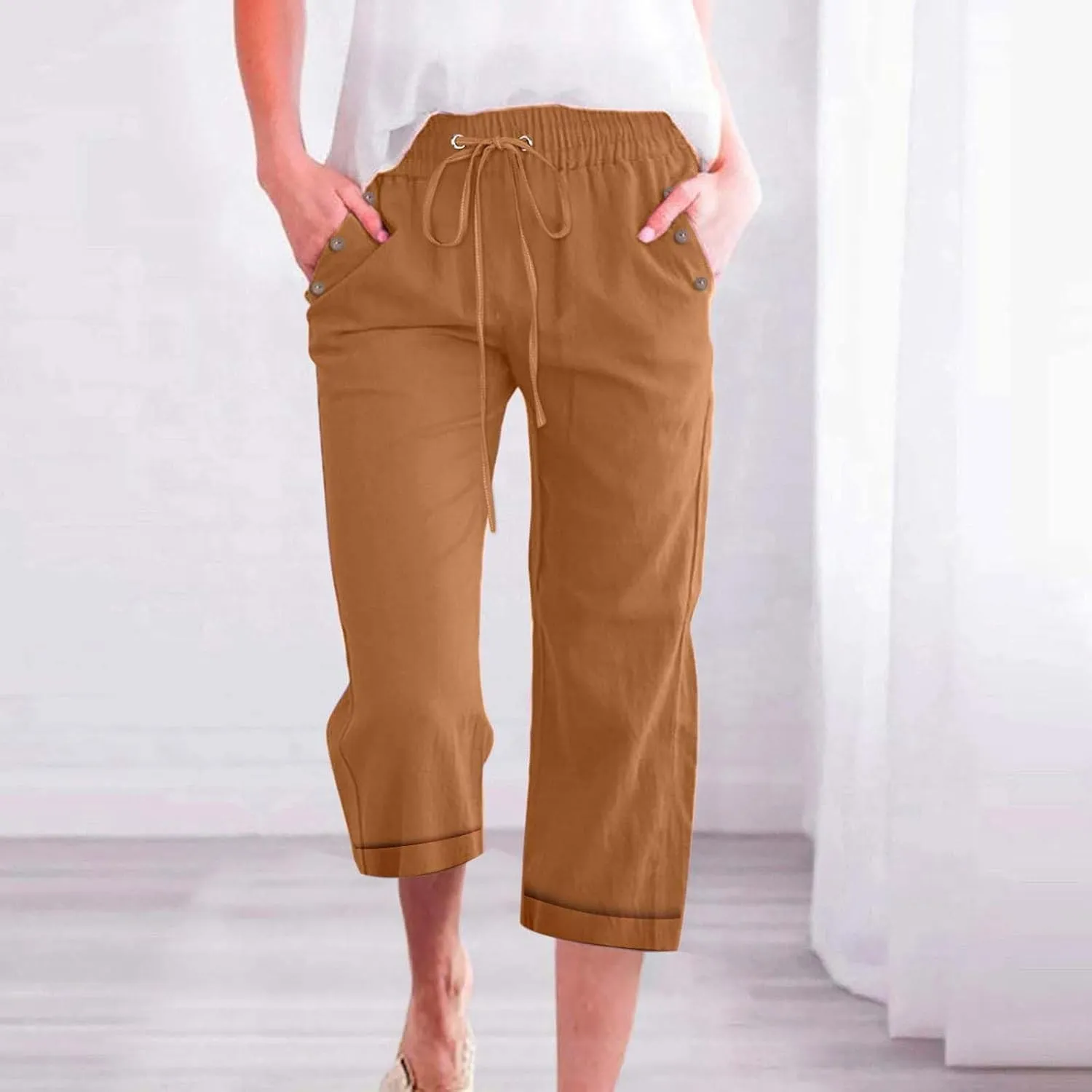 Women's Cotton Linen Straight Capris Summer Drawstrings High Waist Lounge Trousers Comfy Breathable Casual Pants with Pockets