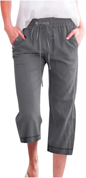 Women's Cotton Linen Straight Capris Summer Drawstrings High Waist Lounge Trousers Comfy Breathable Casual Pants with Pockets