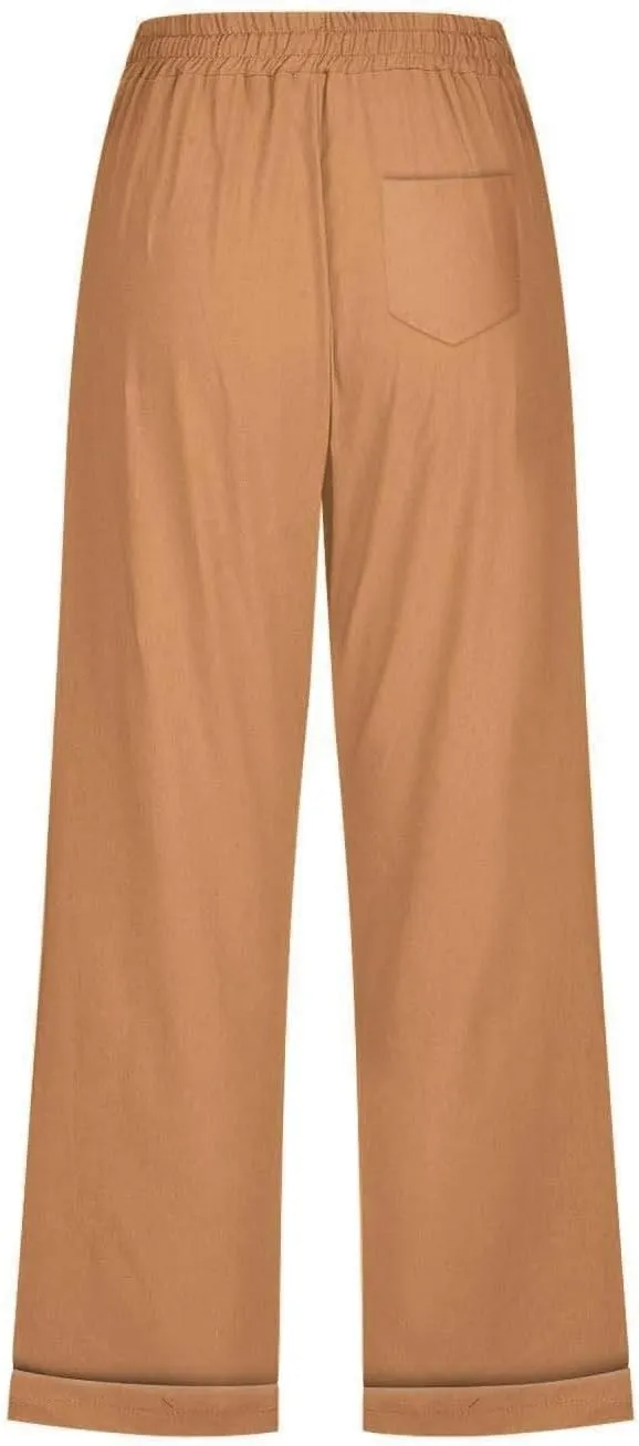 Women's Cotton Linen Straight Capris Summer Drawstrings High Waist Lounge Trousers Comfy Breathable Casual Pants with Pockets