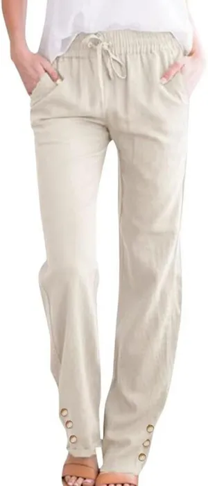 Women's Cotton Linen Straight Trousers Summer Drawstrings High Waist Lounge Trouser Lightweight Breathable Fashion Long Pants