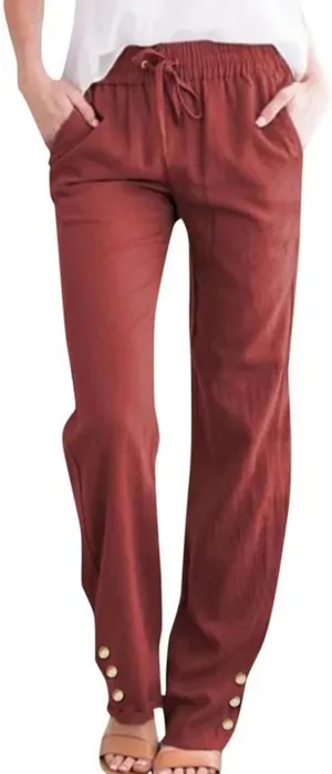 Women's Cotton Linen Straight Trousers Summer Drawstrings High Waist Lounge Trouser Lightweight Breathable Fashion Long Pants
