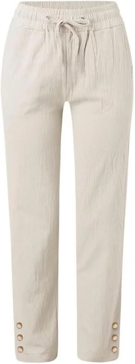 Women's Cotton Linen Straight Trousers Summer Drawstrings High Waist Lounge Trouser Lightweight Breathable Fashion Long Pants