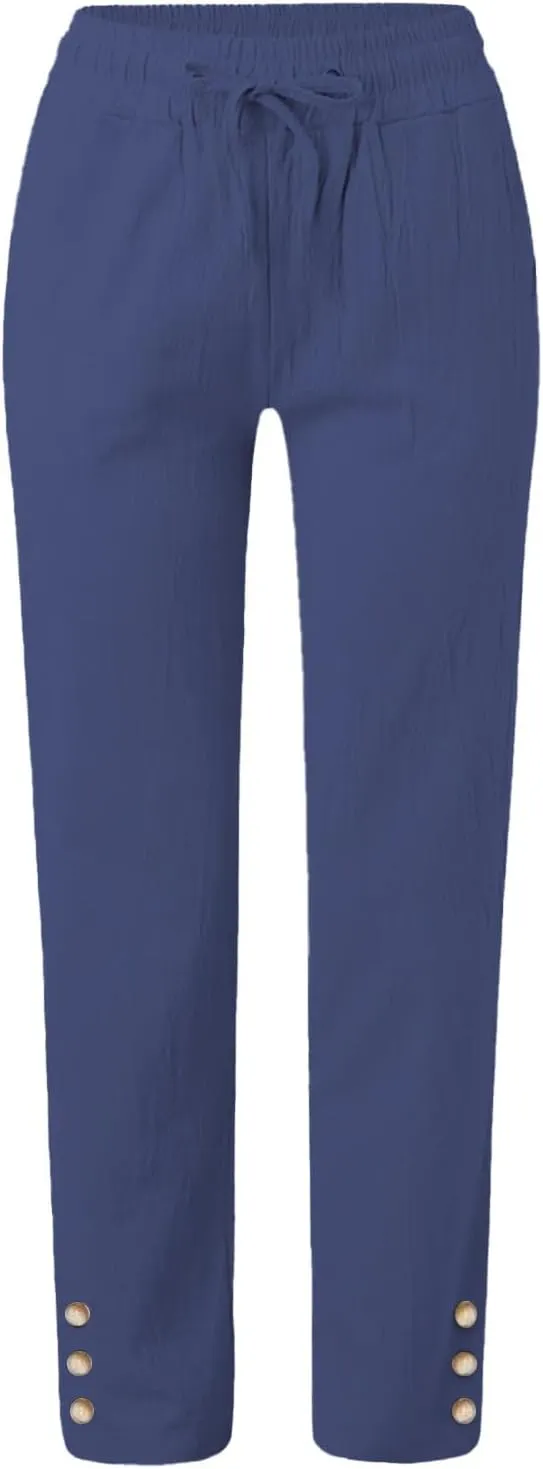 Women's Cotton Linen Straight Trousers Summer Drawstrings High Waist Lounge Trouser Lightweight Breathable Fashion Long Pants