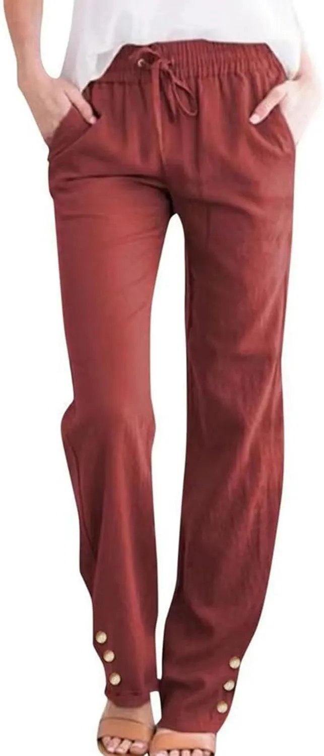Women's Cotton Linen Straight Trousers Summer Drawstrings High Waist Lounge Trouser Lightweight Breathable Fashion Long Pants