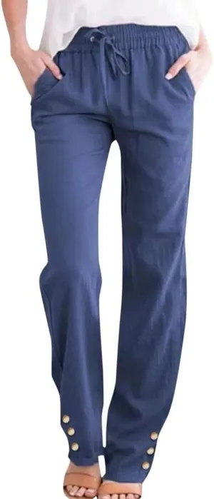 Women's Cotton Linen Straight Trousers Summer Drawstrings High Waist Lounge Trouser Lightweight Breathable Fashion Long Pants
