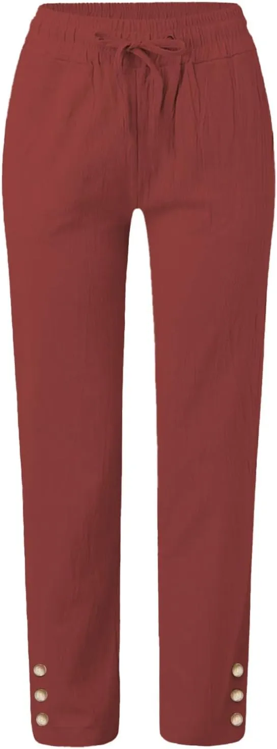 Women's Cotton Linen Straight Trousers Summer Drawstrings High Waist Lounge Trouser Lightweight Breathable Fashion Long Pants