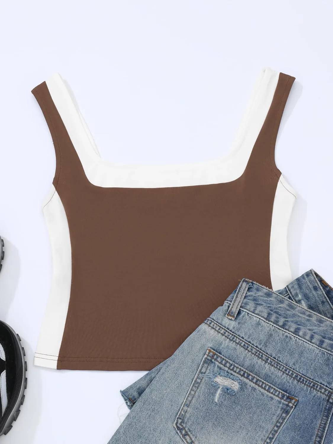 Womens Crop Tank Tops Summer Square Neck Top Slim Fitted Color Block Yoag Shirts