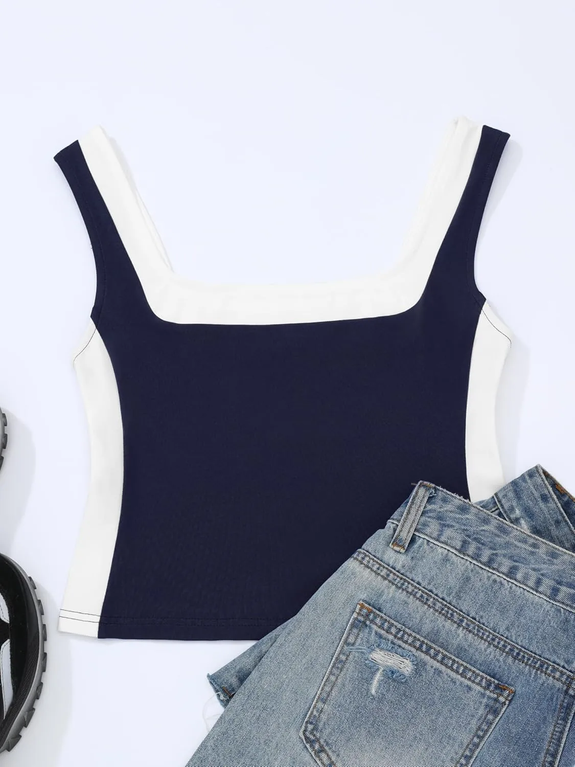 Womens Crop Tank Tops Summer Square Neck Top Slim Fitted Color Block Yoag Shirts