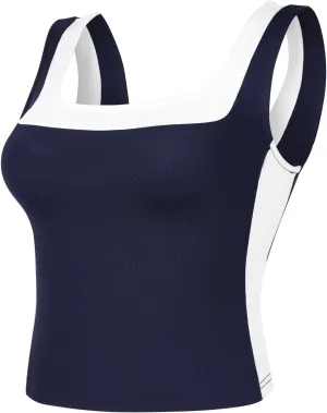 Womens Crop Tank Tops Summer Square Neck Top Slim Fitted Color Block Yoag Shirts