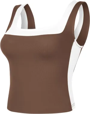 Womens Crop Tank Tops Summer Square Neck Top Slim Fitted Color Block Yoag Shirts