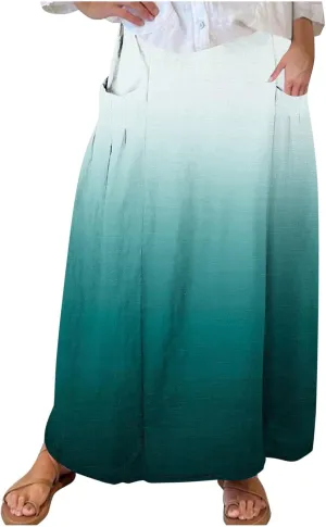 Women's Elastic High Waist Skirts Plus Size Tie-Dye Skirts Color Block Pleated A-Line Long Maxi Skirts with Pocket
