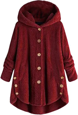 Womens Fleece Jackets Sherpa Winter Hooded Fuzzy Coats Oversized Button Down Cardigan Sweater Warm Jacket with Pocket