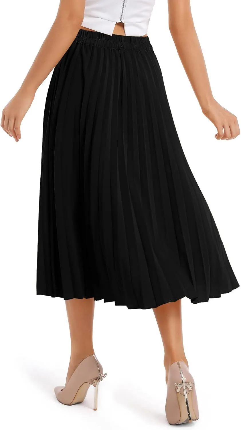 Women's High Elastic Waist Pleated Skirt Midi Long Swing A-line Skirts