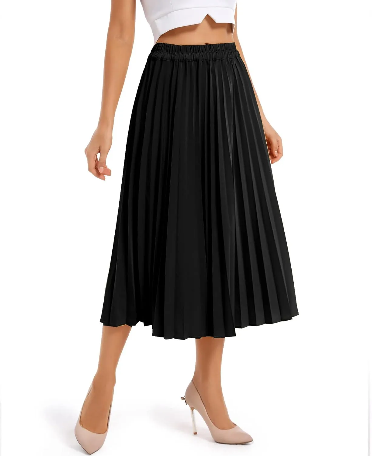Women's High Elastic Waist Pleated Skirt Midi Long Swing A-line Skirts