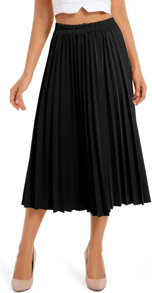 Women's High Elastic Waist Pleated Skirt Midi Long Swing A-line Skirts