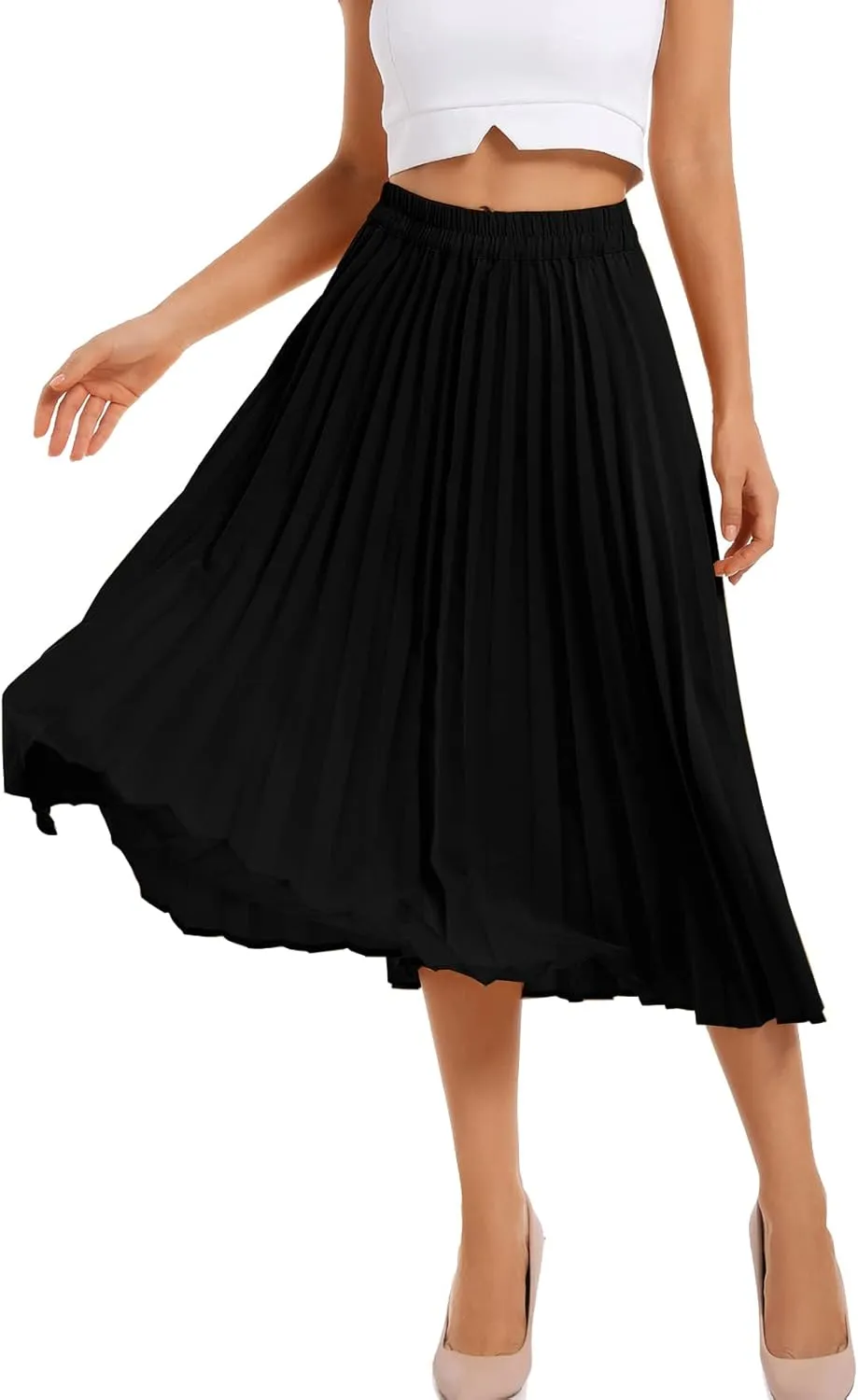 Women's High Elastic Waist Pleated Skirt Midi Long Swing A-line Skirts