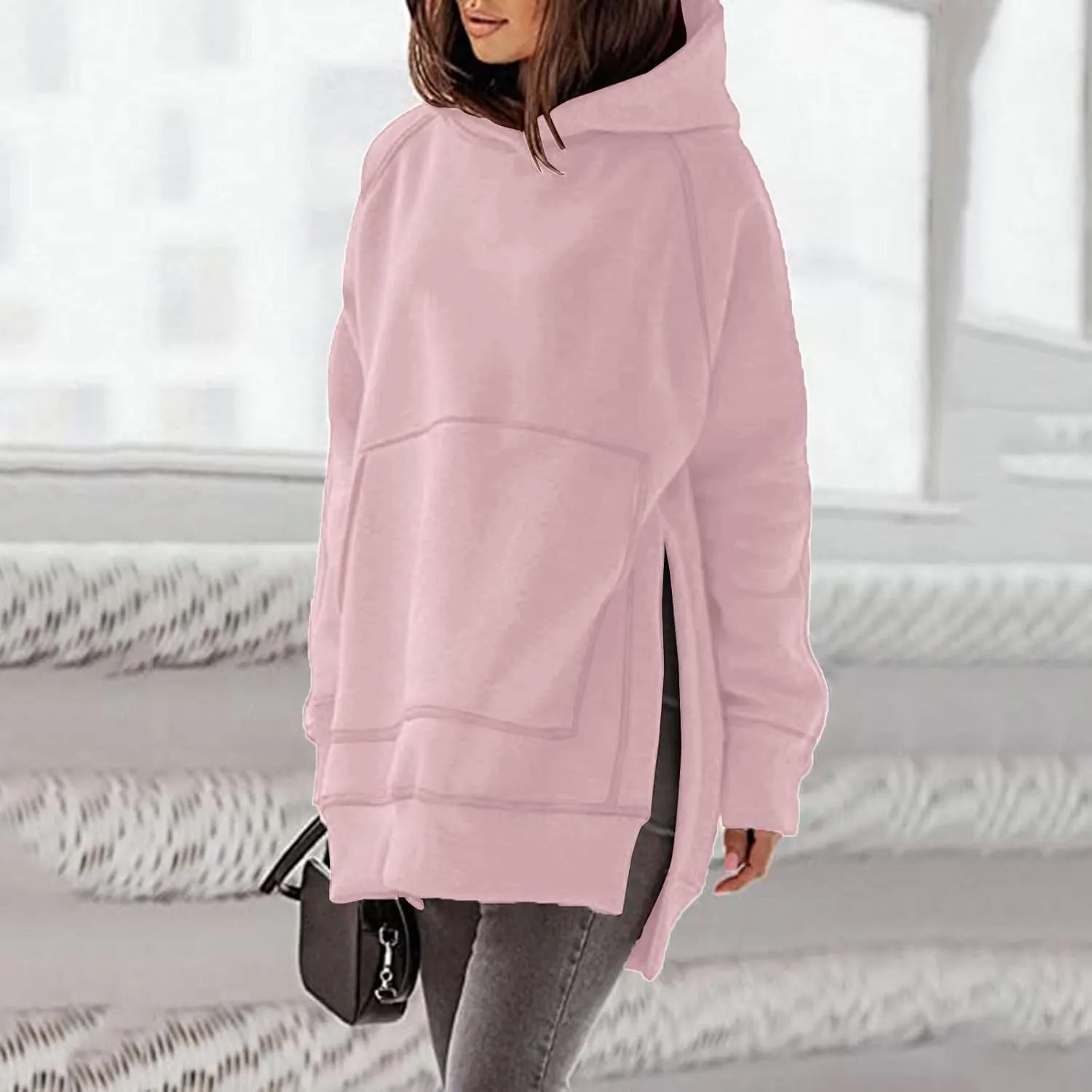 Womens Hoodies Oversized Soild Long Sleeve Pullover Hooded Sweatshirt Casual Loose Outfits 2024 Fall Clothes