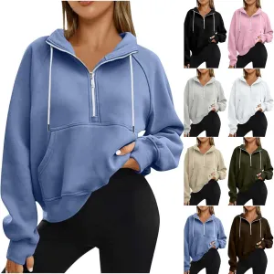 Womens Hoodies Zip Up Lightweight Long Sleeve Solid Hooded Sweatshirts Casual Full Zip Up Cropped Sweatshirts Jackets