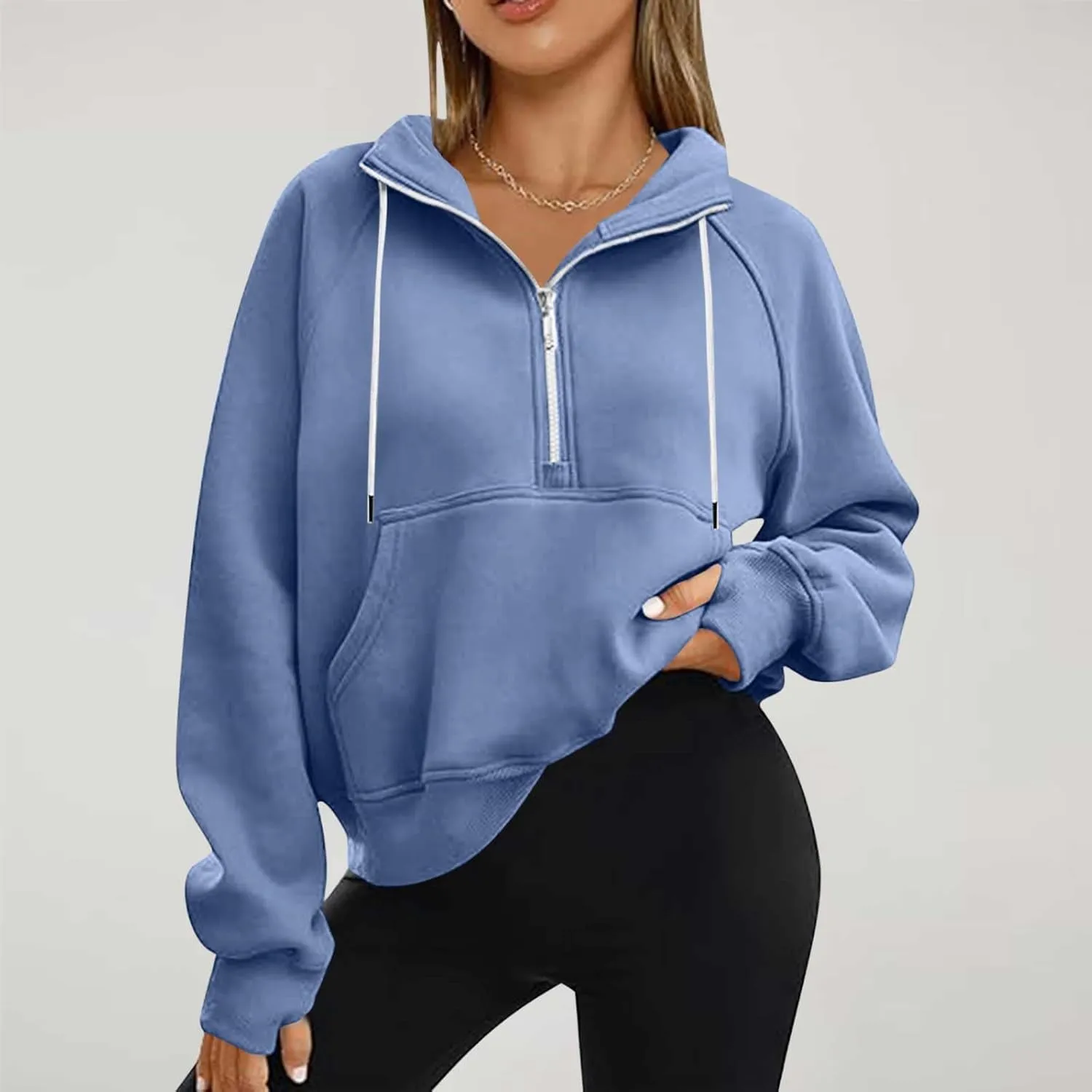 Womens Hoodies Zip Up Lightweight Long Sleeve Solid Hooded Sweatshirts Casual Full Zip Up Cropped Sweatshirts Jackets