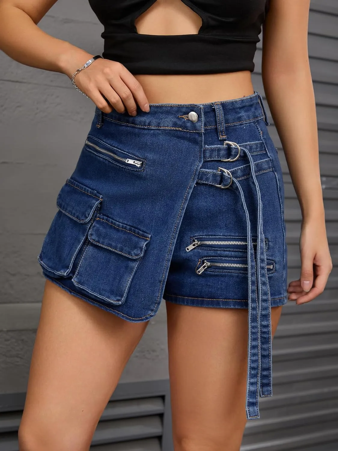 Women's Jean Skort High Waisted Western Summer Asymmetrical Denim Cargo Skirt Shorts