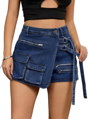 Women's Jean Skort High Waisted Western Summer Asymmetrical Denim Cargo Skirt Shorts